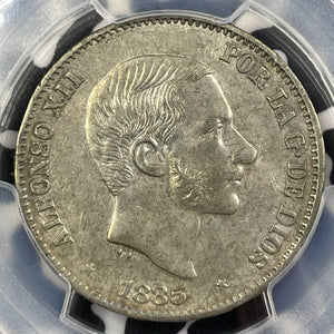 1885 Spanish Philippines 50 Centimos PCGS AU58 Lot#G9557 Silver!