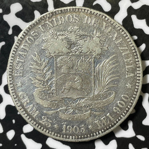 1905 Venezuela 5 Bolivares Lot#E4856 Large Silver Coin!