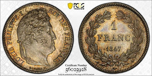 1847-A France 1 Franc PCGS MS65 Lot#G108 Silver! Gem BU! F-210, Gad#453