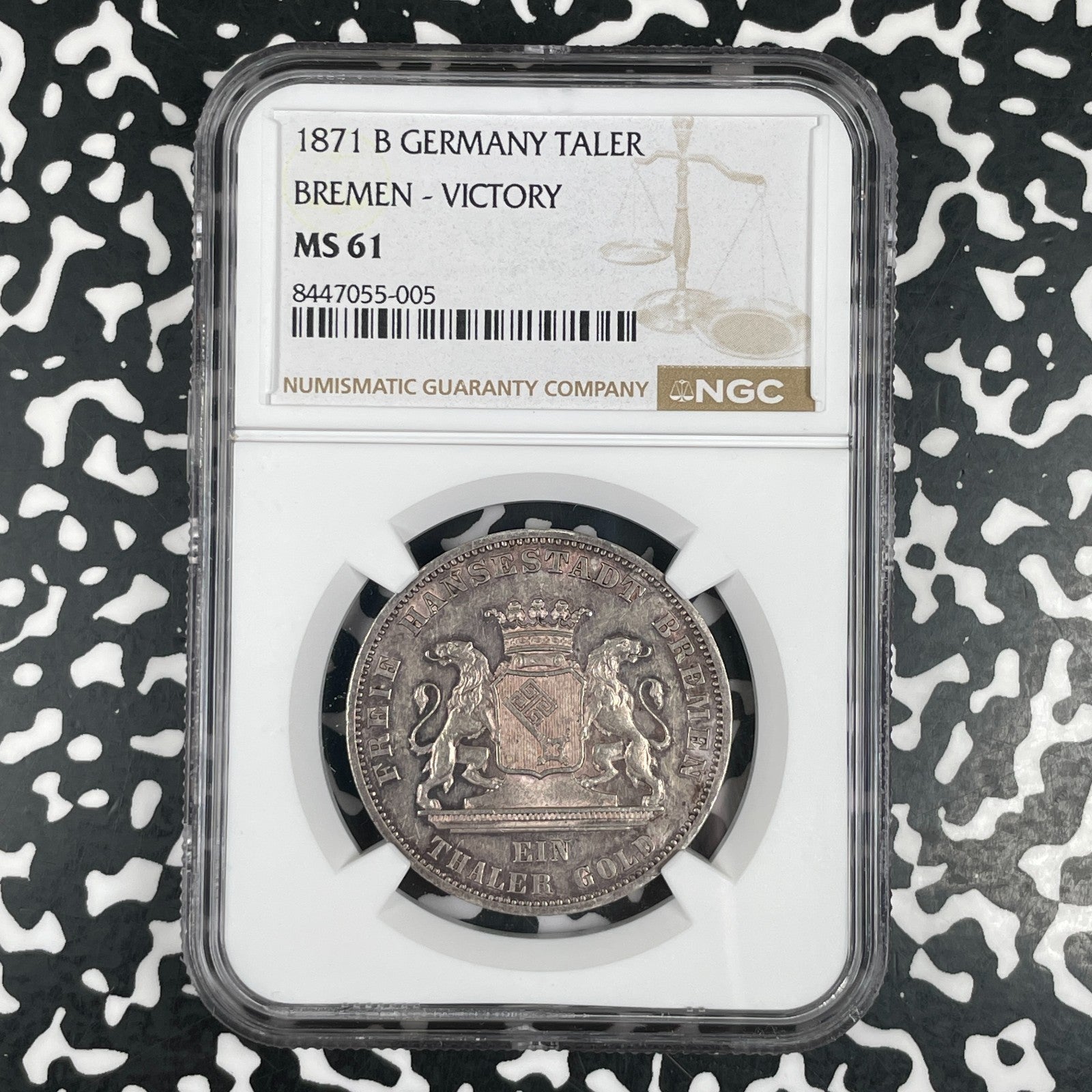 1871 Germany Bremen Victory 1 Thaler NGC MS61 Lot#G3589 Silver! Nice UNC!