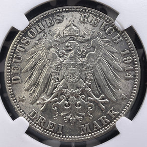 1914-J Germany Hamburg 3 Mark NGC MS63 Lot#G9137 Silver! Choice UNC!