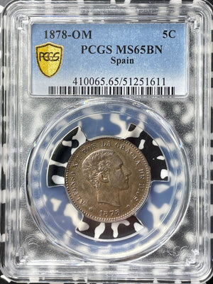 1878-OM Spain 5 Centimos PCGS MS65BN Lot#G9199 Gem BU! Top Graded!