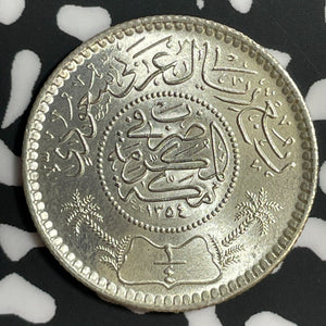 AH 1354 (1935) Saudi Arabia 1/4 Riyal Lot#E6228 Silver! High Grade! Beautiful!