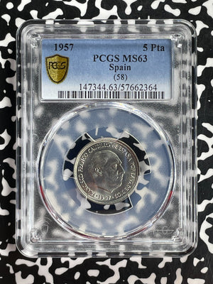 1957 (58) Spain 5 Pesetas PCGS MS62 Lot#G893 Choice UNC!  Key Date!