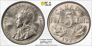 1922 Canada 5 Cents PCGS MS64 Lot#G730 Choice UNC!
