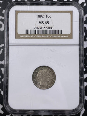 1892 U.S. 10 Cents Barber Dime NGC MS65 Lot#G9555 Silver! Gem BU!