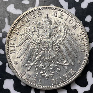 1914-F Germany 3 Mark Lot#JM8769 Silver! High Grade! Beautiful!