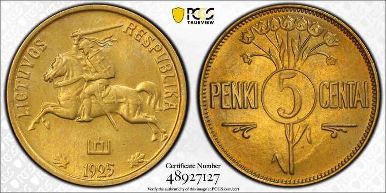 1925 Lithuania 5 Centai PCGS MS65 Lot#G2141 Gem BU!