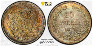 1917 Finland 25 Pennia PCGS MS66 Lot#G8156 Gem BU! Beautiful Toning! W/o Crown