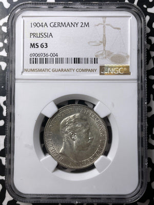 1904-A Germany Prussia 2 Mark NGC MS63 Lot#G8741 Silver! Choice UNC!