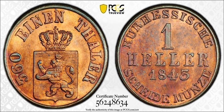 1843 Germany Hesse-Cassel 1 Heller PCGS MS64RB Lot#G2200 Top Graded!
