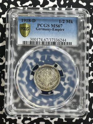 1918-D Germany 1/2 Mark PCGS MS67 Lot#WG7 Silver! Gem BU!
