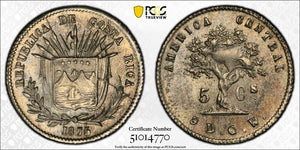 1875-GW Costa Rica 5 Centavos PCGS MS62 Lot#G9457 Silver! Dana Roberts Collec.