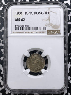 1901 Hong Kong 10 Cents NGC MS62 Lot#G9110 Silver! Nice UNC!