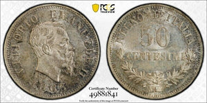 1863-M BN Italy 50 Centesimi PCGS MS63 Lot#G8221 Silver! Choice UNC!