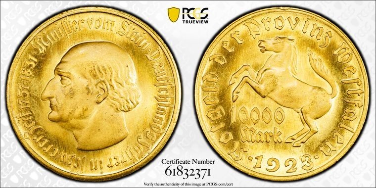 1923 Germany Westphalia 10000 Mark Notgeld PCGS MS66 Lot#G3440 Gem BU!