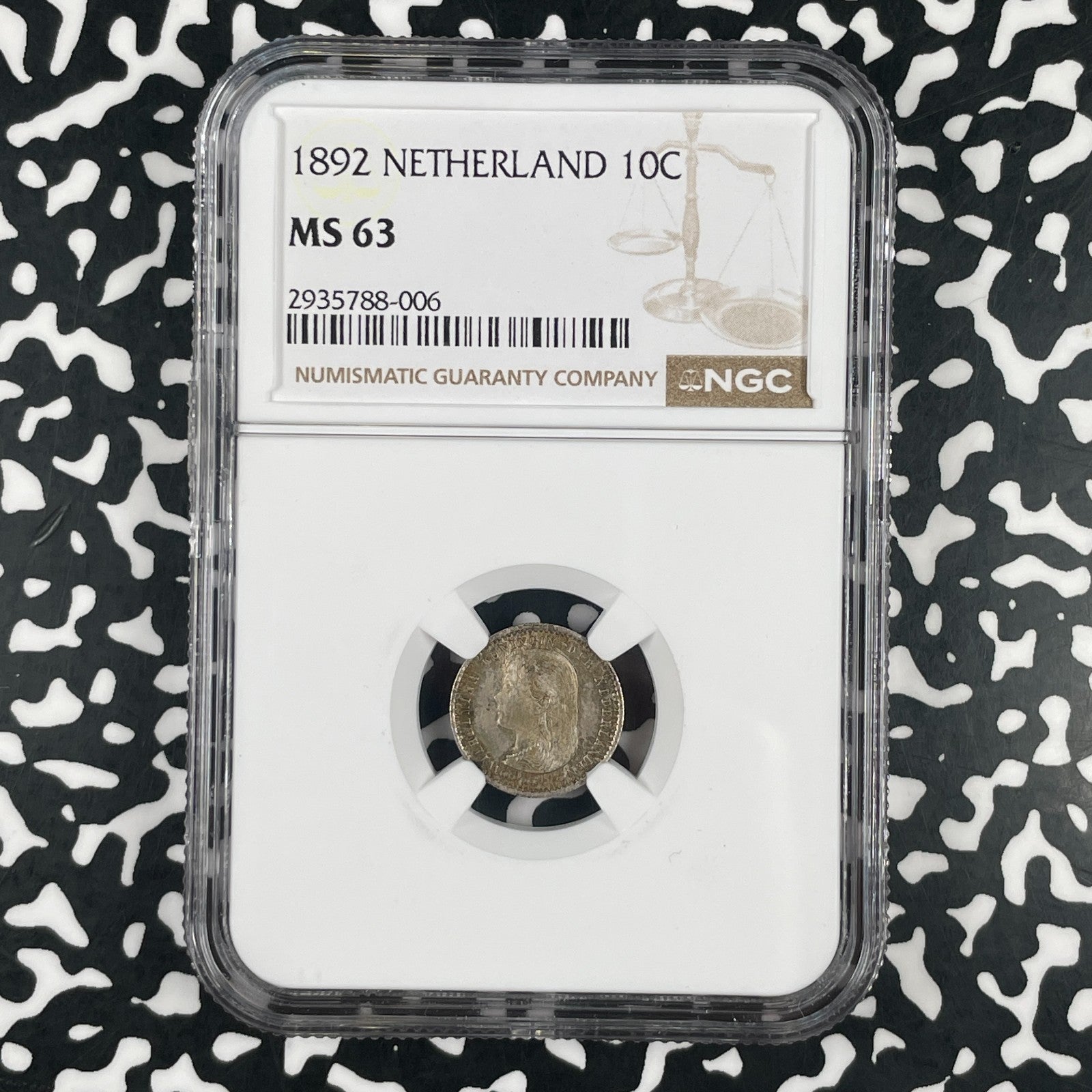 1892 Netherlands 10 Cents NGC MS63 Lot#G3402 Silver! Choice UNC!