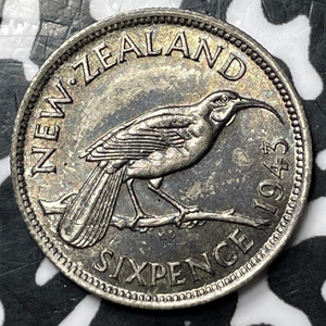 1943 New Zealand 6 Pence Sixpence Lot#D7081 Silver! High Grade! Beautiful!