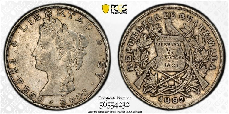 1882 A.E. Guatemala 1 Peso PCGS VF35 Lot#G3905 Large Silver! KM#208