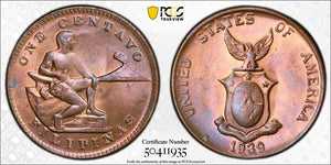 1939-M U.S. Philippines 1 Centavo PCGS MS64RB Lot#G8643 Choice UNC!