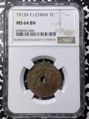 1913-A French Indo-China 1 Centime NGC MS64BN Lot#G8898 Choice UNC!