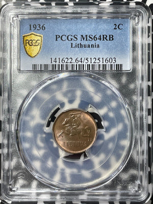 1936 Lithuania 2 Centai PCGS MS64RB Lot#G9192 Choice UNC!