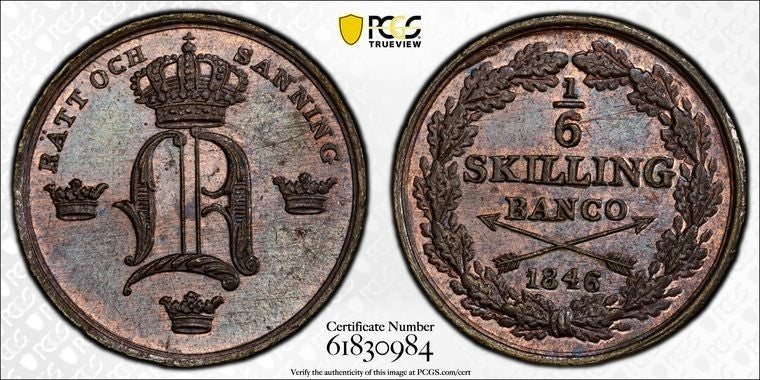 1846 Sweden 1/6 Skilling PCGS MS64BN Lot#G3521 Top Graded! Low Mintage