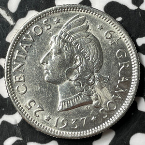 1937 Dominican Republic 25 Centavos Lot#JM7071 Silver! High Grade! Beautiful!