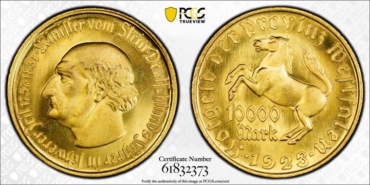 1923 Germany Westphalia 10000 Mark Notgeld PCGS MS66 Lot#G3439 Gem BU!