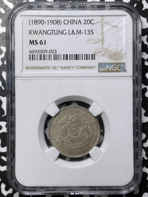 (1890-1908) China Kwangtung 20 Cents NGC MS61 Lot#G7506 Silver! L&M-135