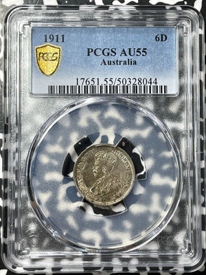 1911 Australia 6 Pence Sixpence PCGS AU55 Lot#G7890 Silver!