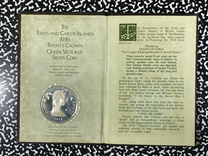 1976 Turks & Caicos Queen Victoria 20 Crowns Lot#B2603 Silver! W/ Case & C.O.A