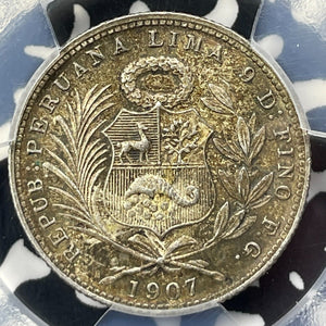 1907-FG Peru 1/5 Sol PCGS MS63 Lot#G9334 Silver! Choice UNC!