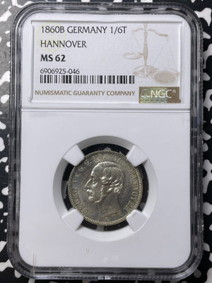 1860-B Germany Hannover 1/6 Thaler NGC MS62 Lot#G8904 Silver! Nice UNC!