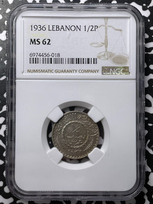 1936 Lebanon 1/2 Piastre NGC MS62 Lot#G7667 Nice UNC!