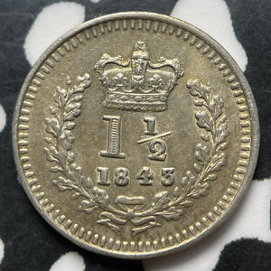 1843 Great Britain Victoria 1 1/2 Pence Lot#MK297 Silver!