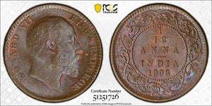 1908 India 1/12 Anna PCGS MS64BN Lot#G9242 Beautiful Toning! Choice UNC!