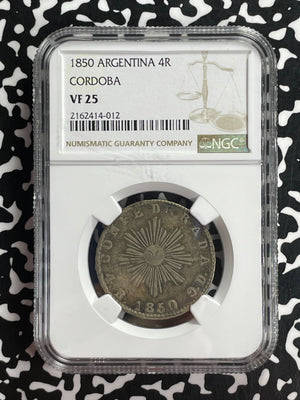 1850 Argentina Cordoba 4 Reales NGC VF25 Lot#G935 Silver! Scarce!