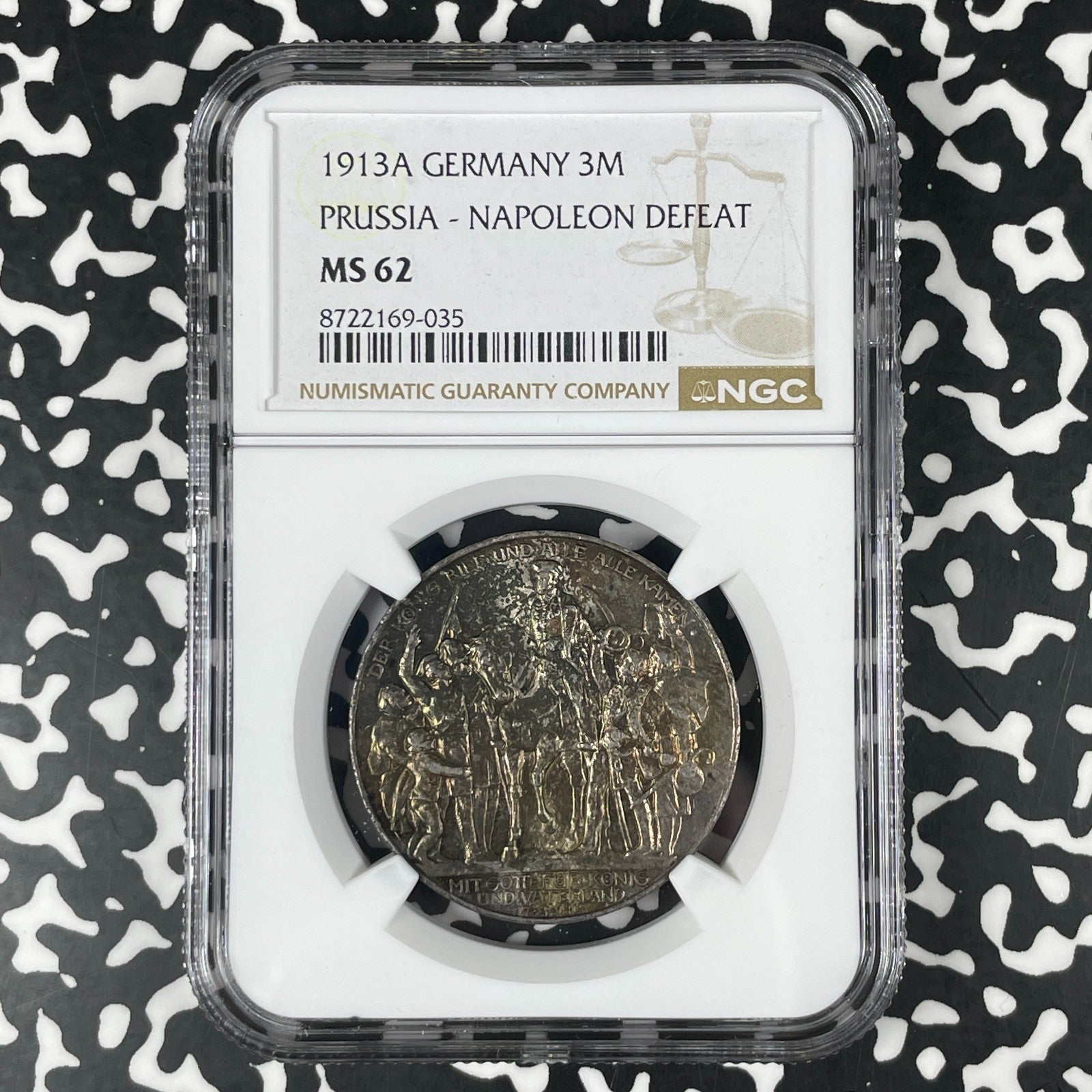 1913-A Germany Prussia 3 Mark NGC MS62 Lot#G1790 Silver! Beautiful Toning!