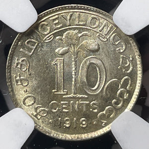 1919-B Ceylon 10 Cents NGC MS65 Lot#G8813 Silver! Gem BU!