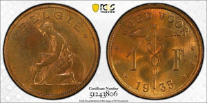 1935 Belgium 1 Franc Pattern PCGS SP65RB Lot#G9320 Top Graded! KM#Pn344