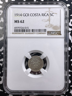 1914-GCR Costa Rica 5 Centimos NGC MS62 Lot#G9136 Silver! Nice UNC!