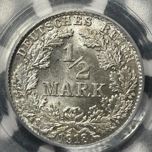 1918-D Germany 1/2 Mark PCGS MS65 Lot#G8859 Silver! Gem BU!