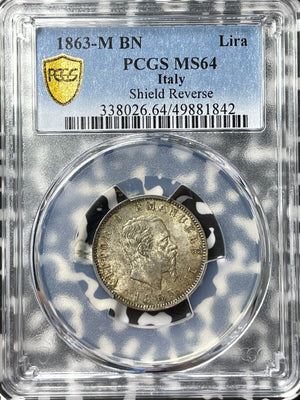 1863-M BN Italy 1 Lira PCGS MS64 Lot#G8222 Silver! Choice UNC!