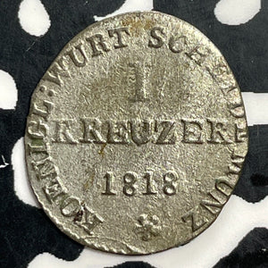 1818 Germany Wurttemberg 1 Kreuzer Lot#T0173 Silver! Scarce!