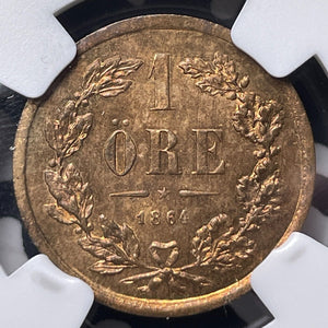 1864-LA Sweden 1 Ore NGC MS65RB Lot#G8992 Gem BU! Top Graded!