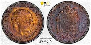 1947 (56) Spain 1 Peseta PCGS AU55 Lot#G918 Key Date!