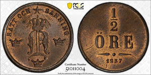 1857 Sweden 1/2 Ore PCGS MS64RB Lot#G156 Choice UNC!