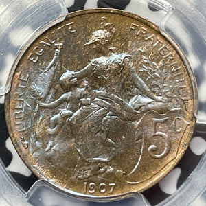 1907 France 5 Centimes PCGS MS63BN Lot#G8134 Choice UNC! Gad-165, F-119