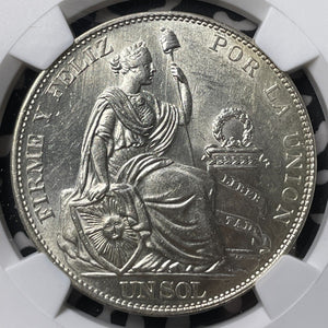 1916-FG Peru 1 Sol NGC MS62 Lot#G8425 Silver! Nice UNC! Raised 'Libertad'